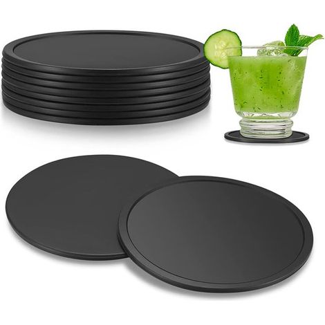Set di 8 sottobicchieri in silicone - Per bevande - Sottobicchieri rotondi neri - Antiscivolo - Per caffè, birra, tazze, bicchieri da vino, casa, bar - Diametro 10 cm (1/5)