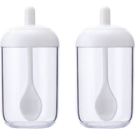 Lot de 2 pots de rangement pour sucre, sel et poivre, en plastique blanc, avec couvercle et cuillère. (1/5)