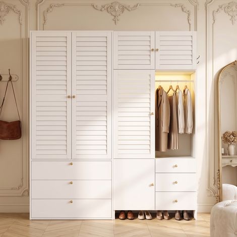 Armoire Penderie Dressing Blanche avec LED Panier à Linge et 6 Tiroirs Grande Penderie, avec Portes à Persiennes pour Chambre, 180x50x200 cm (1/5)