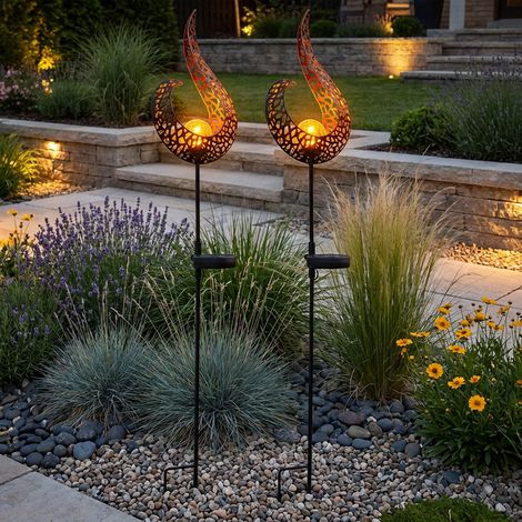 2er Set LED Außen Solar Dekoleuchte Solarlampe Stecklampe Außenleuchte Metall Glas schwarz gold IP44 H 90 cm