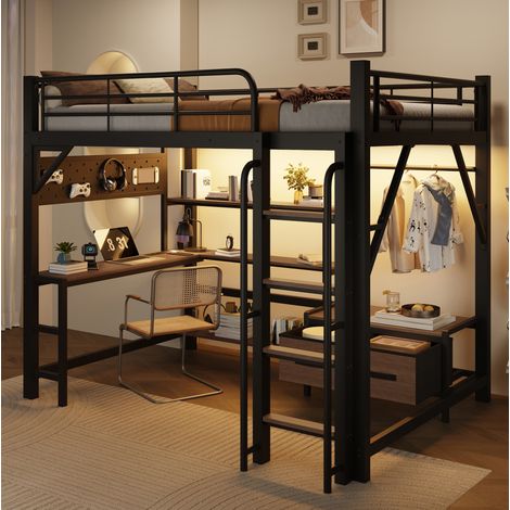 Lit mezzanine 140x200 cm noir en métal et MDF avec bureau, rangements, LED et ports USB (1/5)