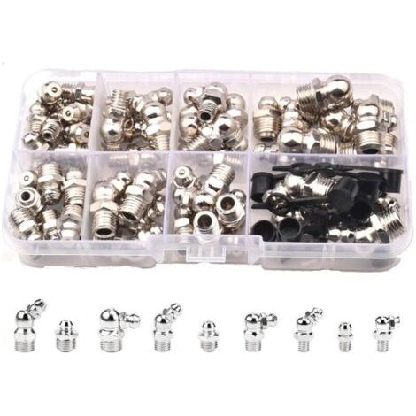 Assortiment de graisseurs - Kit de graisseurs coniques pour presses à graisser - coniques M6 M8 M10 - Raccord de graisse hydraulique droit 45 ° 90 ° 180 ° avec boîte de rangement (1/4)