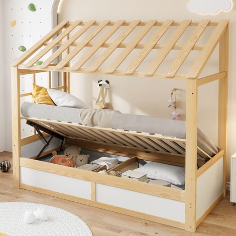 Lit cabane enfant 90 x 200 cm avec toit, fenêtre et rangement hydraulique blanc bois (1/5)