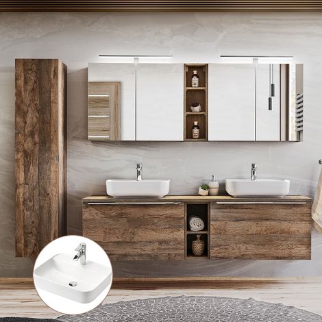 Badmöbel Komplett-Set in Vintage Oak Eiche PUEBLA-56 Doppel-Waschtisch mit 2 Keramik-Waschbecken, 2 LED-Spiegelschränke & Hochschrank B/H/T 225/200/46 cm (1/5)