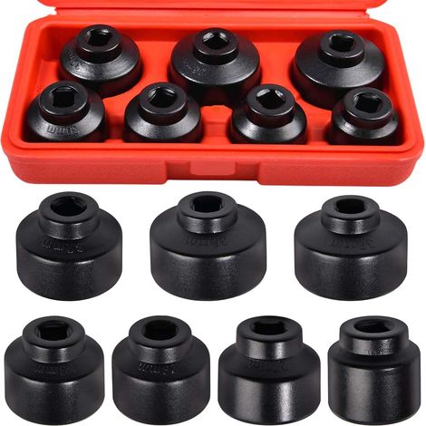 Jeu de 7 douilles pour filtre à huile, entraînement 3/8" Jeu de douilles pour capuchon de filtre à huile à profil bas 24 mm, 27 mm, 29 mm, 30 mm, 32 mm, 36 mm, 38 mm Conception en 6 point (1/5)