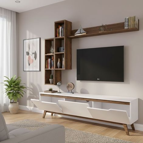 Dmora - Fernsehschrank Dleonard, Ständer für Wohnzimmerfernseher, Niedriges Wohnzimmer-Sideboard, TV-Ständerbasis, 180x35h49 cm, Weiß und Walnuss (1/5)
