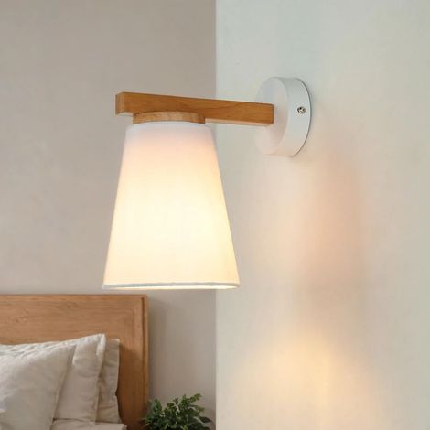 Applique murale MAIDEL en bois scandinave abat-jour tissu blanc (1/5)