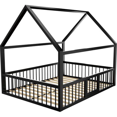 Cama casita de metal negro 140 x 200 cm con barreras, estructura de cama infantil (1/5)