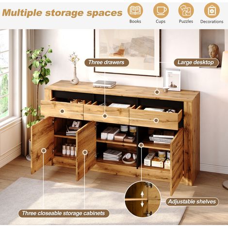 MEUBLIV Aparador 135x35x70 cm natural – 3 cajones y 3 armarios de almacenaje (1/5)