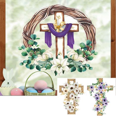 Autocollants Fenêtre Pâques - Croix Religieuse et Fleur de Lys - Décor Printemps pour Vitre Cuisine Miroir Réfrigérateur - 1 Pièce (1/5)