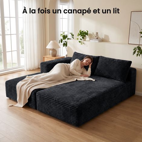 Canapé d'angle convertible réversible Noir 263x171x 59cm, Canapé compressé combinaison libre, Canapé 4 places avec méridienne en Velours cotelé(2coussins non inclus)