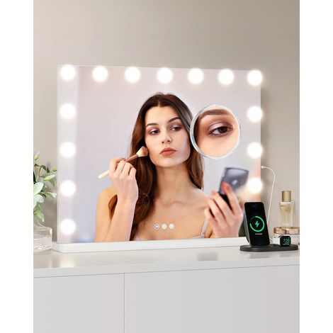 Miroir Hollywood lumineux pour maquillage 58x46 cm, 15 ampoules LED, miroir grossissant 3X, 3 niveaux de luminosité réglables, commande tactile intuitive