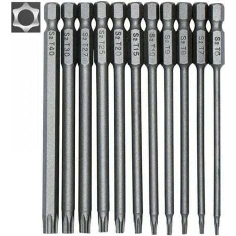 Jeu d'embouts de tournevis longs 11 pièces - embouts magnétiques - tige hexagonale 1/4" - tailles T6 à T40 - longueur 100 mm