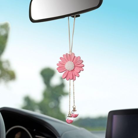 Colgadores para coche con forma de margarita (modelo femenino) - lindos colgadores para espejo retrovisor con forma de girasol - accesorios de decoración estética para el interior del coche (rosa) (1/5)