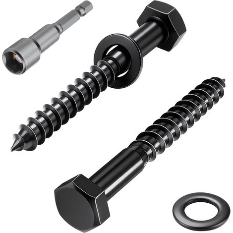 Lot de 10 vis à bois hexagonales M8 x 80 mm Vis à tête hexagonale en acier inoxydable A2 V2A avec rondelles et clé à douille Noir