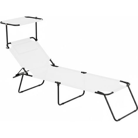 Lettino Pieghevole Con Tettuccio Regolabile Prendisole Parasole Schienale Reclinabile Regolabile Struttura In Metallo Nero Sedia Sdraio Per Spiaggia Mare Giardino Piscina 187 x 53 x 24 Cm (Bianco)