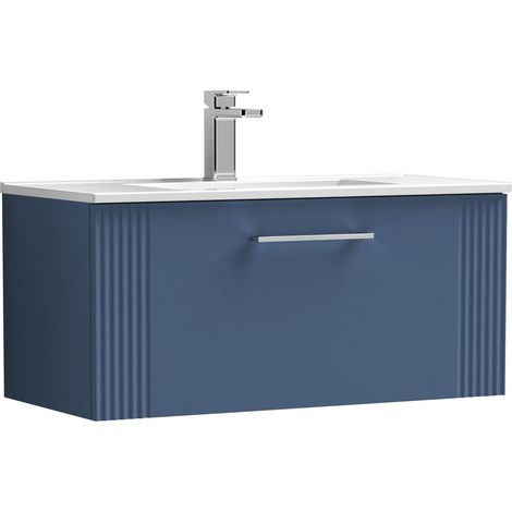 Belvide Partial Fluted 1 Drawer Wall Hung Vanity Unit with 1 Tap Hole Minimalist Basin - 800mm - Satin Blue (1/4)