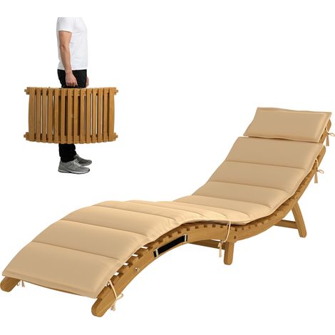 Transat pliable en bois résistant aux intempéries, avec rembourrage, appui-tête et poignée de transport, 183 x 54 x 63 cm, beige