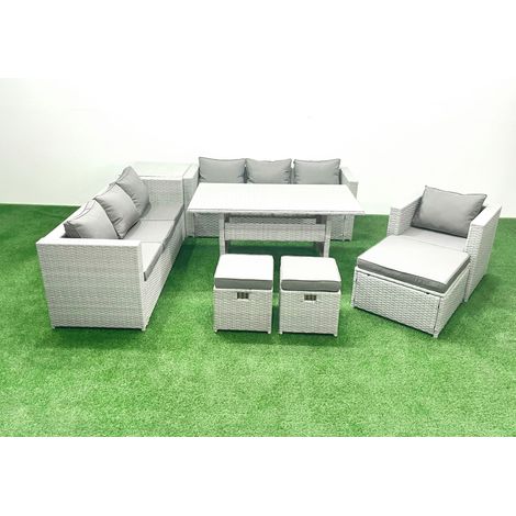 Fimous 8 Stücke Rattan Garten Sofa Set mit Kissen Terrassen Gartenmöbel Sets mit Sessel Esstisch Beistelltisch 3 Fußhockern (1/5)