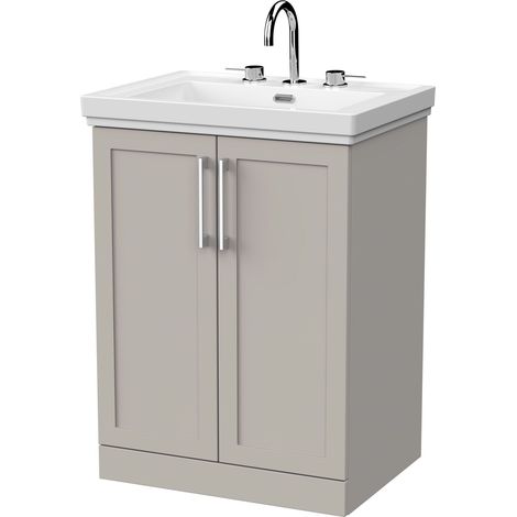 Stonnall Traditional Floor Standing 2 Door Vanity Unit with Traditional 3 Tap Hole Fireclay Basin, 600mm, Pebble Grey