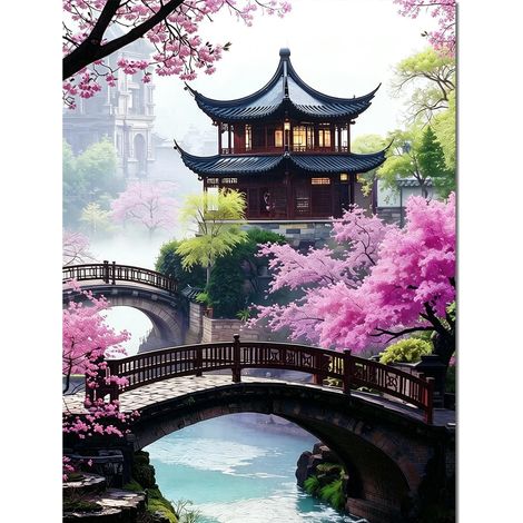 Peinture Diamant 5D Fleur de Cerisier Paysage 30x40cm Full Drill DIY Décoration Murale (1/4)