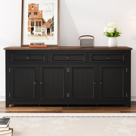 Credenza moderna 160 cm, armadio con 3 cassetti e 4 ante, maniglie nere, credenza in legno, set di mobili per soggiorno, nero (1/5)