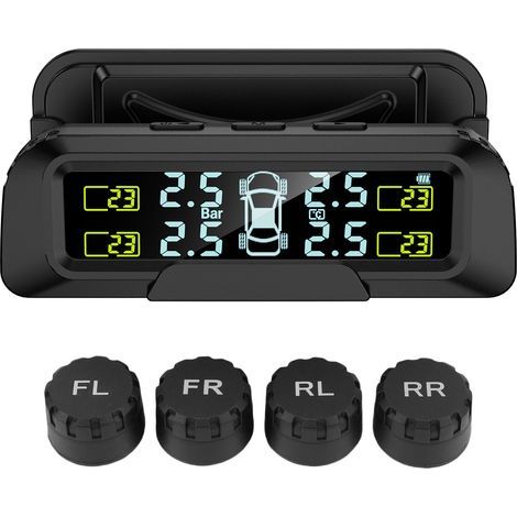 Système de surveillance de la pression des pneus avec 4 capteurs externes, chargement solaire et USB-C, marche/arrêt automatique, alarme de batterie faible pour voitures, SUV, monospaces et véhicules (1/5)