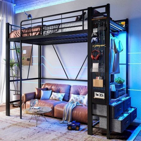 Lit Mezzanine 90x200cm Métal Noir LED USB Type-C - lit simple - 4 Tiroirs de Rangement, Étagères, Barre de Penderie & Garde-corps (1/5)