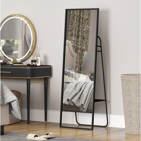 Specchio da terra industriale 157 x 50 cm con ripiano e 2 ganci, metallo nero HAVRYA (1/5)