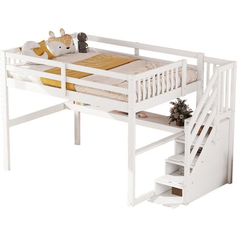 Lit mezzanine 140x200 avec bureau intégré, rangements et tiroirs, en bois blanc pour enfant et chambre gain de place, style épuré - CHICFURN (1/5)