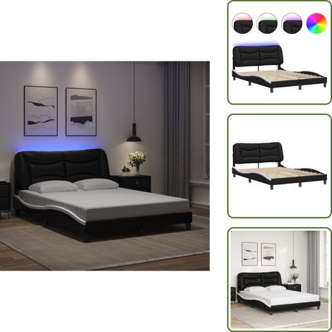 Cadre de lit avec LED sans matelas noir et blanc 140x190 cm - Lit Plateforme - Lit Design - Lit Moderne - Cadre Lit - Tête De Lit Rembourrée (1/5)