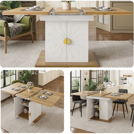 Table extensible salle à manger 110 (140) x 70 x 76 cm placage bois motif soleil avec rangement intégré - Blanc (1/5)