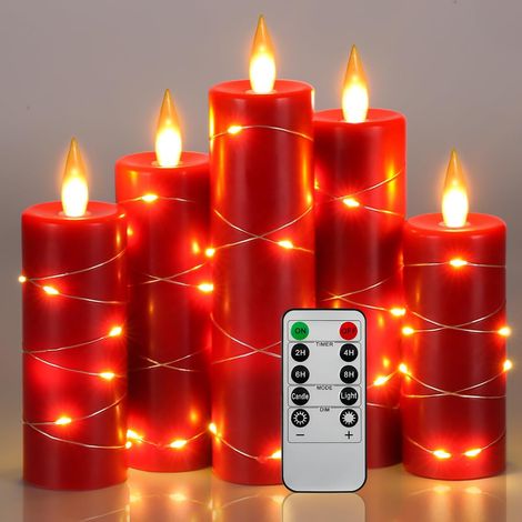 Bougies à LED Lot de 5 avec guirlande lumineuse, angle de vision de 360 degrés, avec guirlandes lumineuses étoilées, avec télécommande à 10 touches, vraie cire (rouge) (1/5)