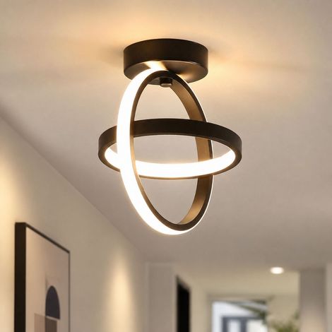 Plafonnier LED 3 couleurs design géométrique anneau noir fer épais et abat-jour PVC diamètre 21 cm pour couloir entrée (1/4)