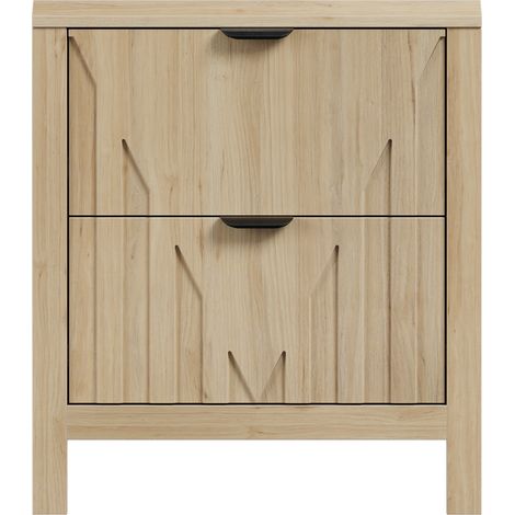 Mesita de noche efecto roble con 2 cajones y tiradores de metal, estilo Mid-Century Modern, 1 pieza (1/4)