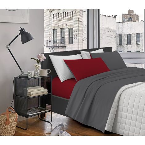 Completo Letto In Morbido Cotone Di Flanella Antipilling Set Lenzuola Bicolore Lenzuolo Sopra Sotto Federe Bordeaux-Grigioscuro - Piazza e mezza