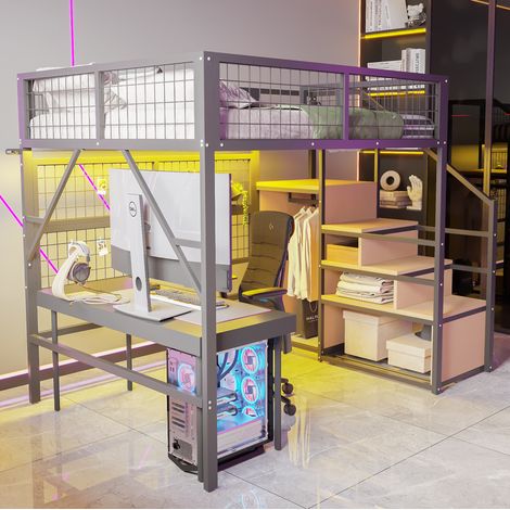 Lit mezzanine 140 x 200 cm en métal noir avec rangement et LED, gain de place pour chambre compacte (1/5)