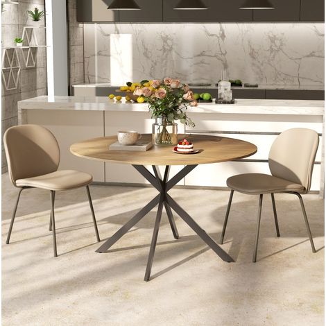 Table à manger ronde 120 cm chêne en bois style industriel avec pieds acier (1/5)