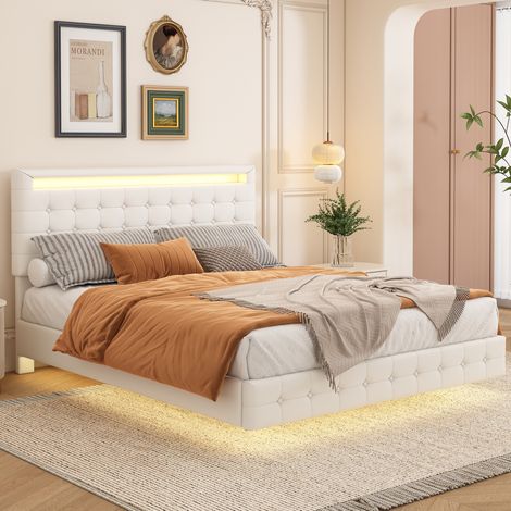 MEUBLIV Cama 140x200 cm blanca – LED y cabecero ajustable, sin colchón (1/5)