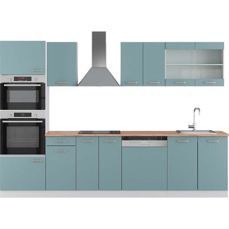 Mueble de cocina R-Line, Azul-gris-blanco, 300 cm con armario alto, ET Roble, Vicco