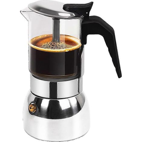 Cafetière italienne Moka en verre transparent 9 tasses, 450 ml (15 oz), en acier inoxydable épais, pour plaque de cuisson. (1/5)