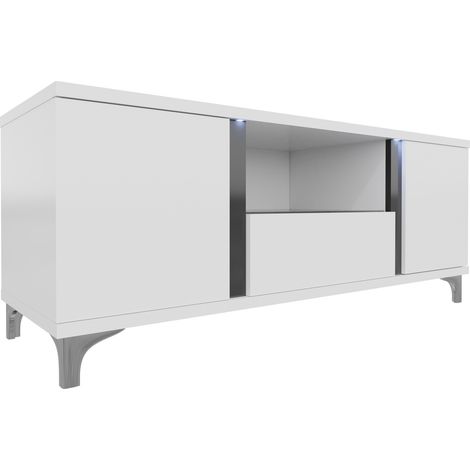 Mueble TV Florem, Blanco + Blanco brillante + Negro brillante, Número de puertas: 3, Número de cajones: 0, 150x50x40cm, LED