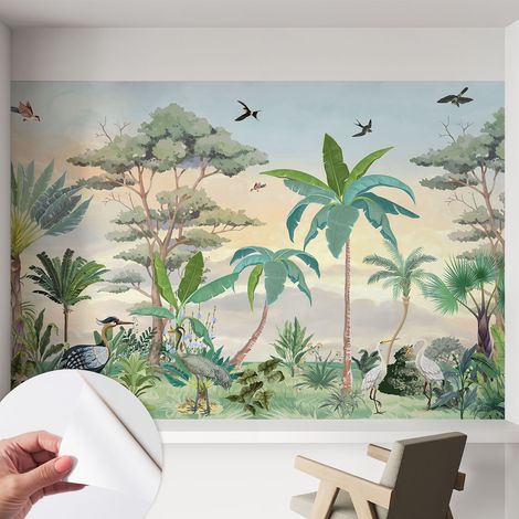Papier peint adhésif avec colle pour décoration moderne de salon chambre à coucher cuisine et bureau Facile Flore exotique 152x104 cm (1/5)