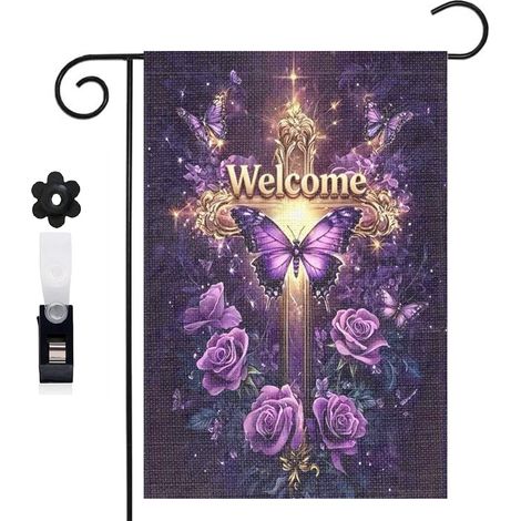 Drapeau vertical papillon violet et croix pour le jardin 30 x 45 cm décoration saisonnière extérieure (1/5)