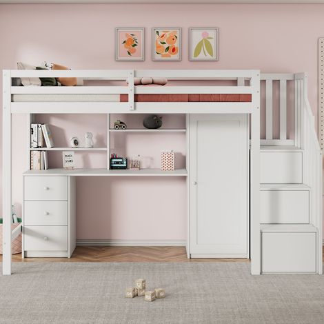 Lit superposé enfant 90x200 cm avec bureau, armoire et escalier de rangement, lit mezzanine multifonction en bois blanc, sommier inclus (1/5)