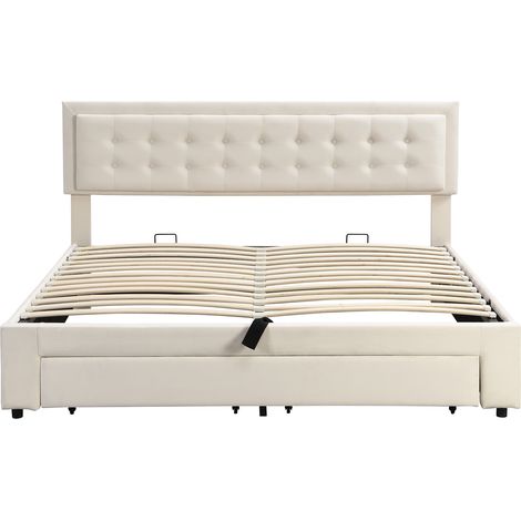 Letto contenitore 180 x 200 in velluto beige con rete sollevabile, testiera regolabile, MODENUIT (1/5)