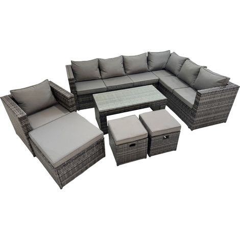 Fimous Outdoor Rattan Oblong Coffee Table Corner Sofa Sets Garden Furniture Set with Chair 3 Stool Dark Grey Mixed (1/5)