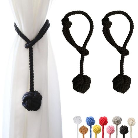 Set mit 2 Vorhanghaltern mit großem handgewebtem Baumwollball für Outdoor-Vorhänge (Schwarz, 2) (1/4)