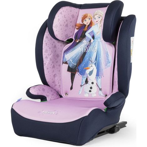 Disney Seggiolino auto Frozen con attacco ISOFIX per la sicurezza delle bambine con altezza da 100 a 150 cm con grafiche della principessa Elsa, Anna ed il simpaitco Olaf su fondo viola