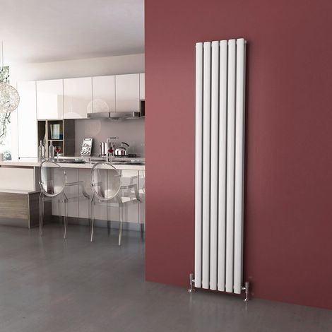 ELEGANT Central Heating Radiator 1800 x 354mm Vertical White Double Panel Oval Column Rad + Angled Radiator Valves (1/5)